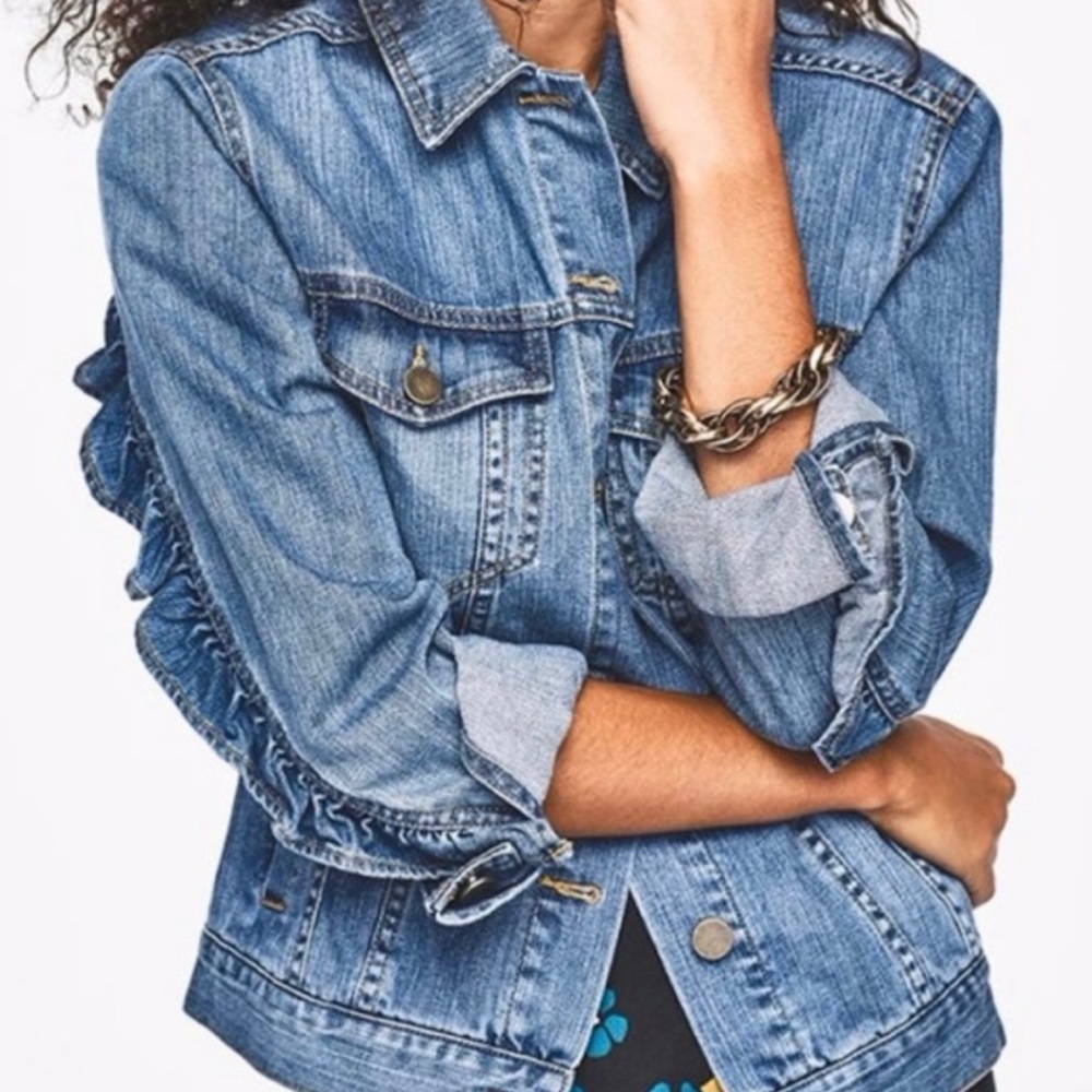Who What Wear blue Jean jacket with ruffle detail